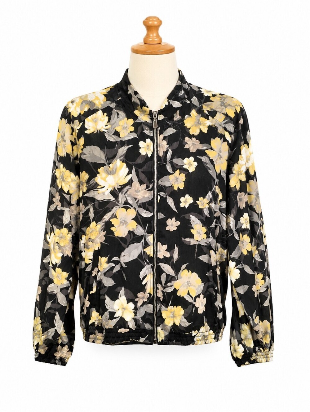 Susan Graver Black & Yellow Floral Chiffon Full Zip Bomber Jacket Sz 2X Casual